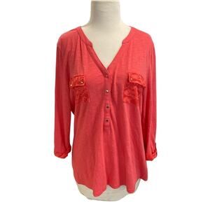 by Chicos Top Size 1 Womens M Half Button Coral Roll Tab Sleeve V Neck Pockets